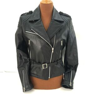 Vintage Bermans Leather Motorcycle‎ Jacket Womens Sz 12 Black Biker Belted USA